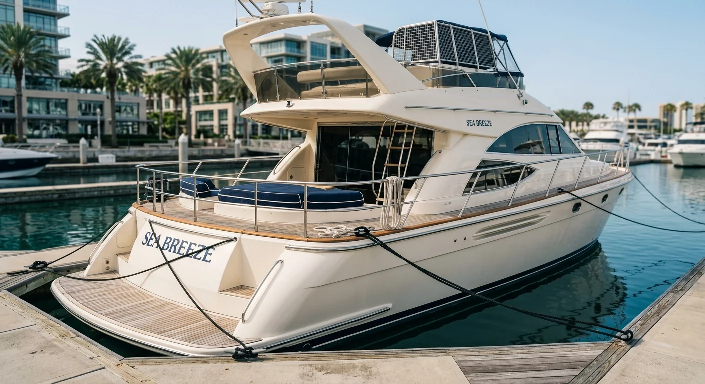 Boat detailing in Boca Raton FL, detailed boat at an upscale marina