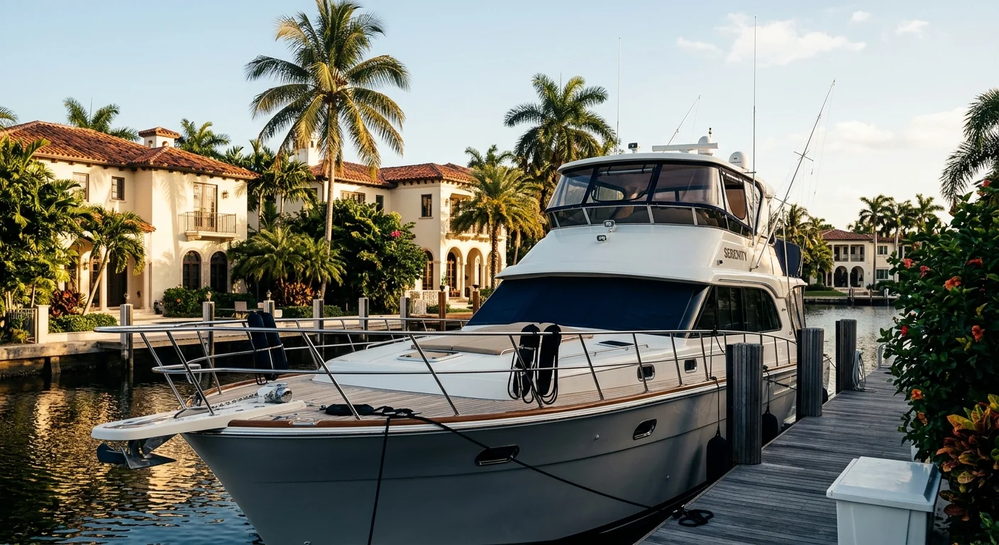 Boat detailing in Coral Gables FL, detailed boat at a residential canal marina